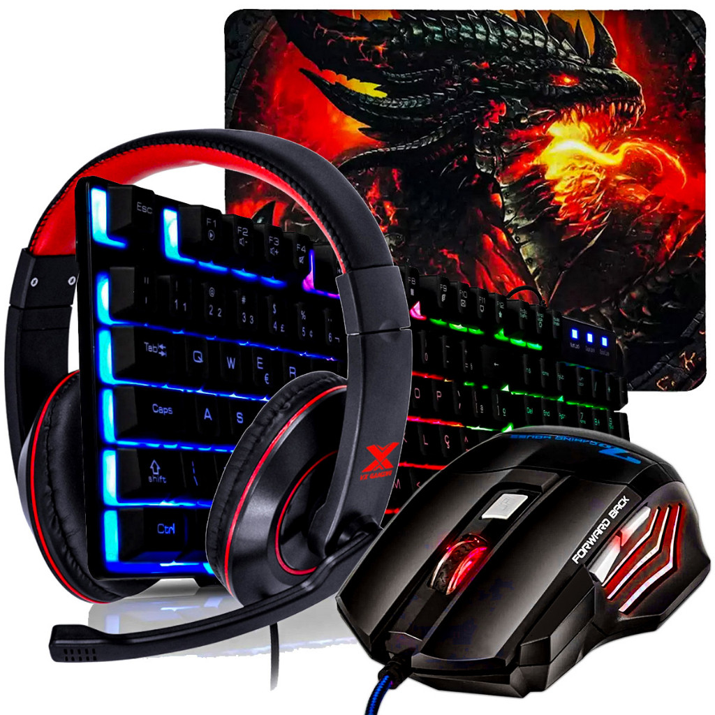 Kit Teclado Semi Mecanico Mouse Gamer 1600 Dpi + Headset + Pad