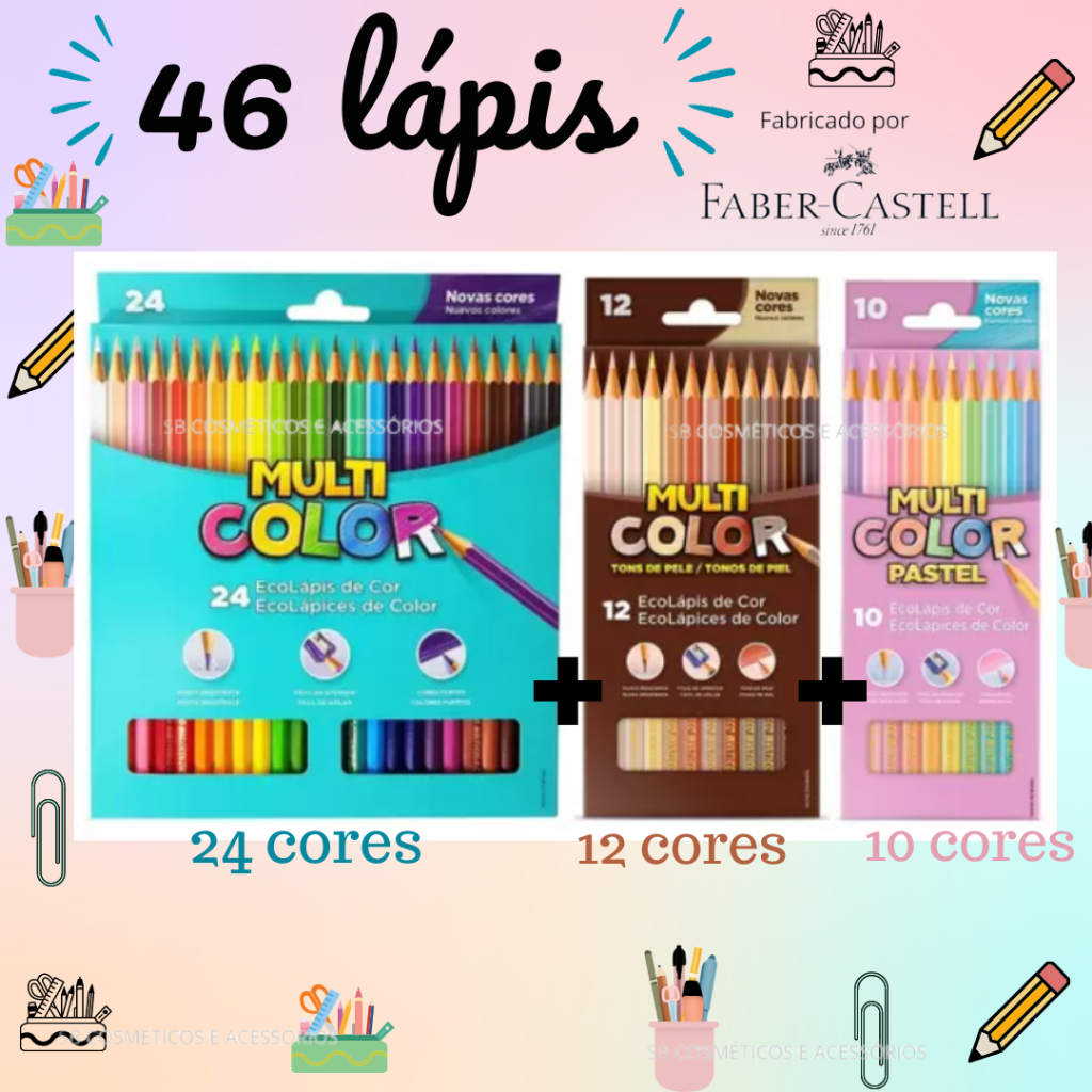 Kit 46 Lápis De Cor Multicolor 24 cores + 10 Tons pastel + 12 Cor de pele Material Escolar Volta às Aulas