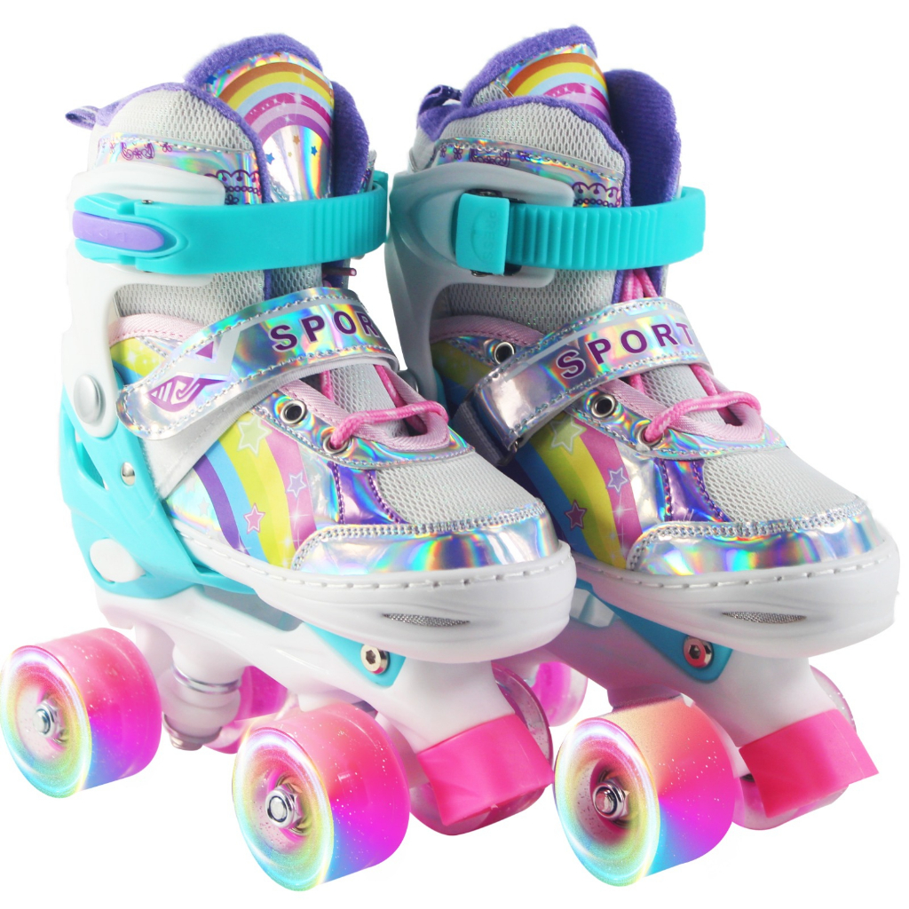 Patins Quad Arco Íris infantil com bolsa de transporte Tamanho Ajustável rodas q brilham