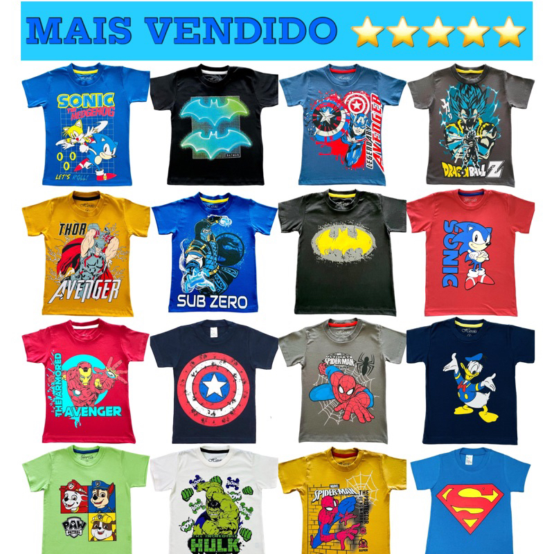 Camiseta Masculina Infantil Personagem Super Heróis Manga Curta 4 ao 12 ...