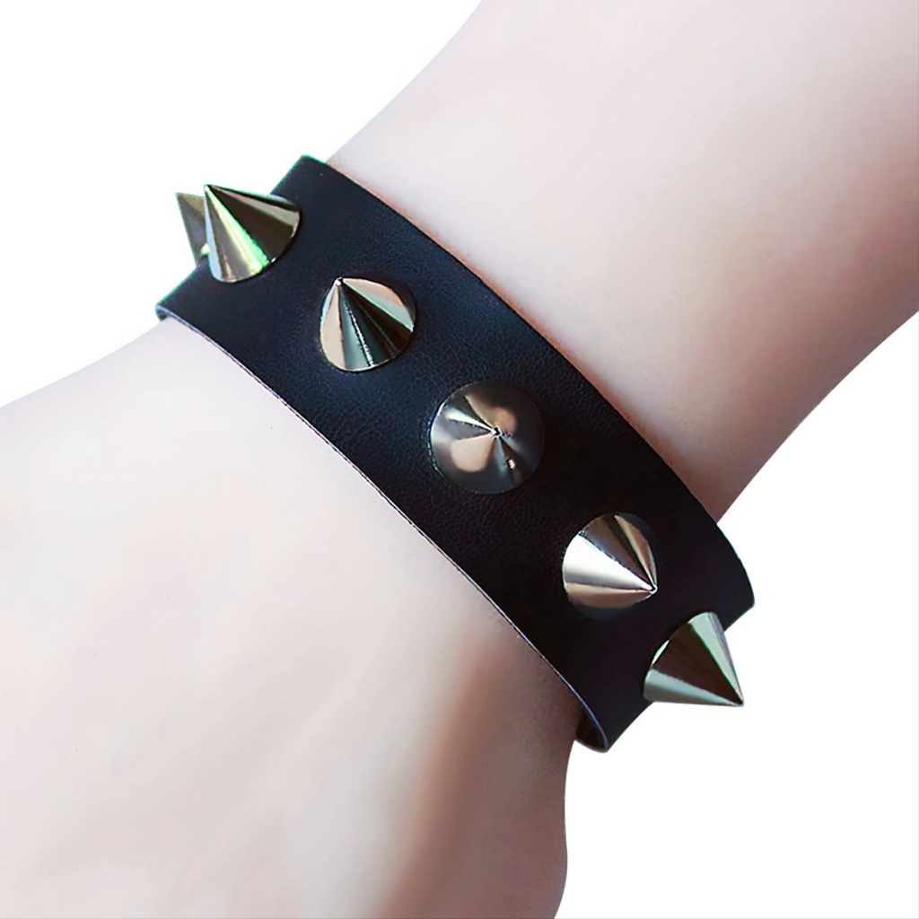 Pulseira de Couro Punk Rock Espinhos Spike Preto