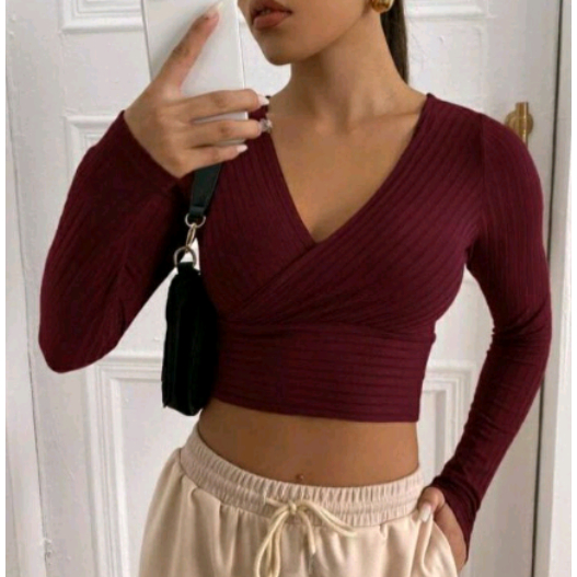 Kit 2 Blusa Femenina Cropped Transpassado Manga longa Canelado