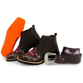 Kit Bota Country Texana Feminino Texas Gold de Couro Café com Cinto Ref: 4020