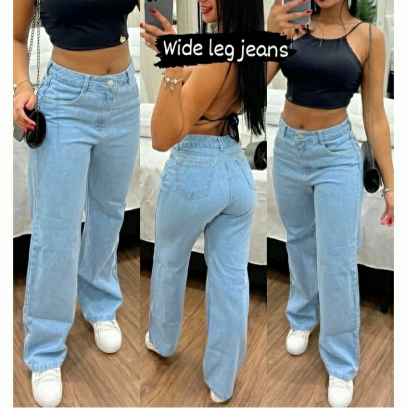 Calça Feminina Jeans Wide Leg Rasgado estampada Cintura Alta Tecido Grosso  muito bom Pantalona Linha Premium 100% Algodão