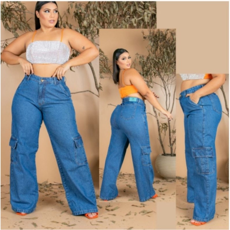 Calça Jeans Feminina Plus Size Wide Leg Destroyed Flare Cintura Alta Tam 56