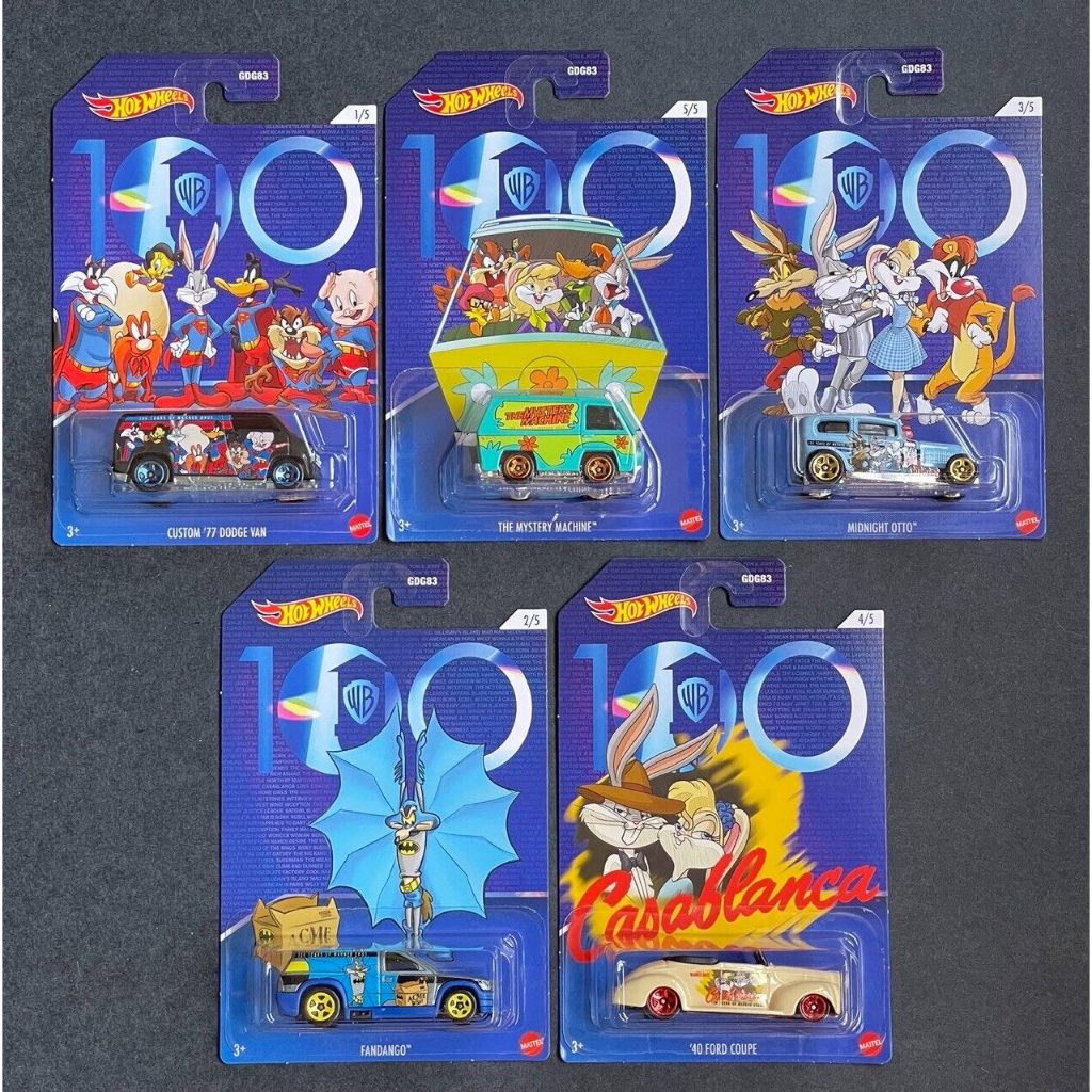 Hot Wheels Warner Brothers De Rodas Quentes 100 Anos De Aniversário (HLK29 Dodge Van Personalizado , HLK32 Fandango , HLK30 Otto Midnight , Hlk31'40 Ford Coupe , Hlk3 A Máquina Misteriosa) 1 : 64 DIECAST SCALE MODEL CAR