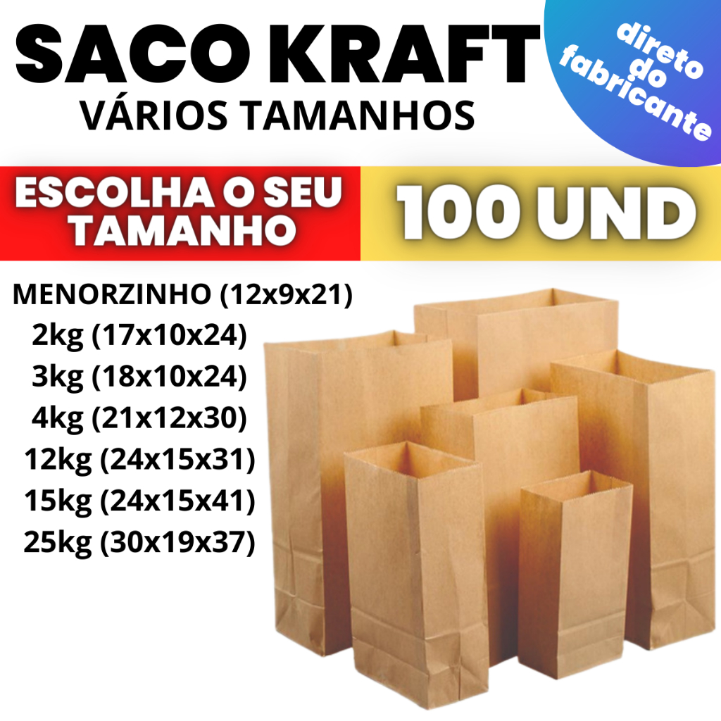 Saco Kraft Embalagem de Papel Craft Para Delivery com 100 Unidades