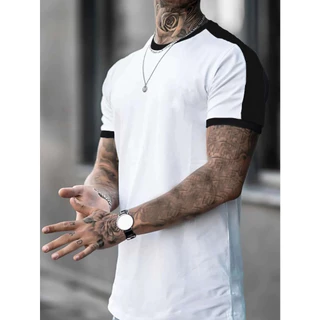 Camiseta masculina, camisa branca detalhes em preto no ombro roupa confortável