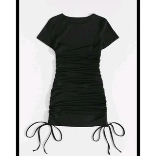 Vestido Com Manguinha Franzido Drapeado Lateral com Amarras Canelado Midi Tendência Gringa- ofertaa