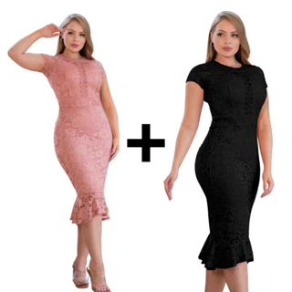 Kit Com 2 Vestidos Feminino Midi Festa Moda Evangélica Renda Com Babado