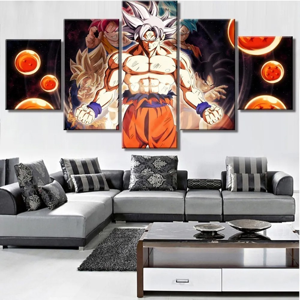 Kit Quadros Decorativos Mosaico 5 Peças Anime Dragon Ball Goku As 7 Esferas  do Dragão Desenho Infantil Criança Personagem Personalizado Boku Presente