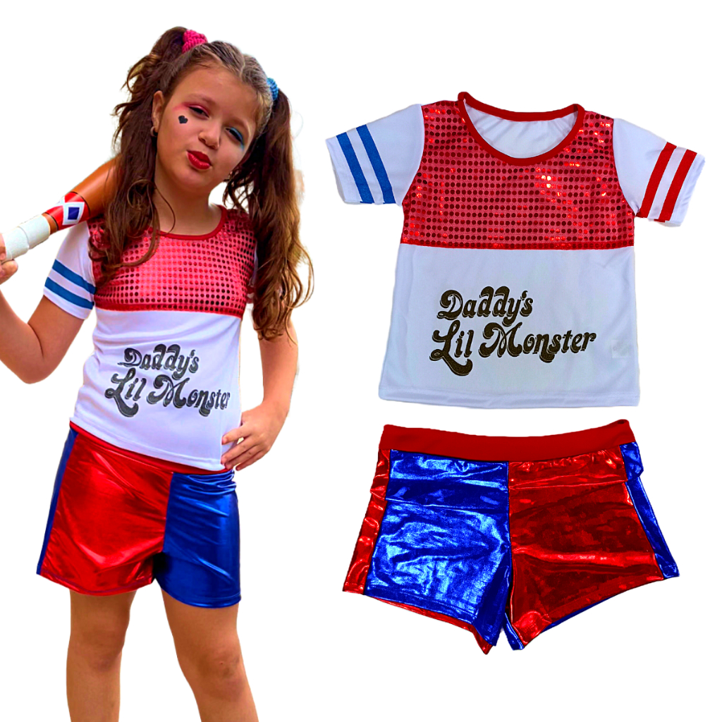 Fantasia Infantil Roupa Arlequina com Taco e 2 Spray azul e rosa