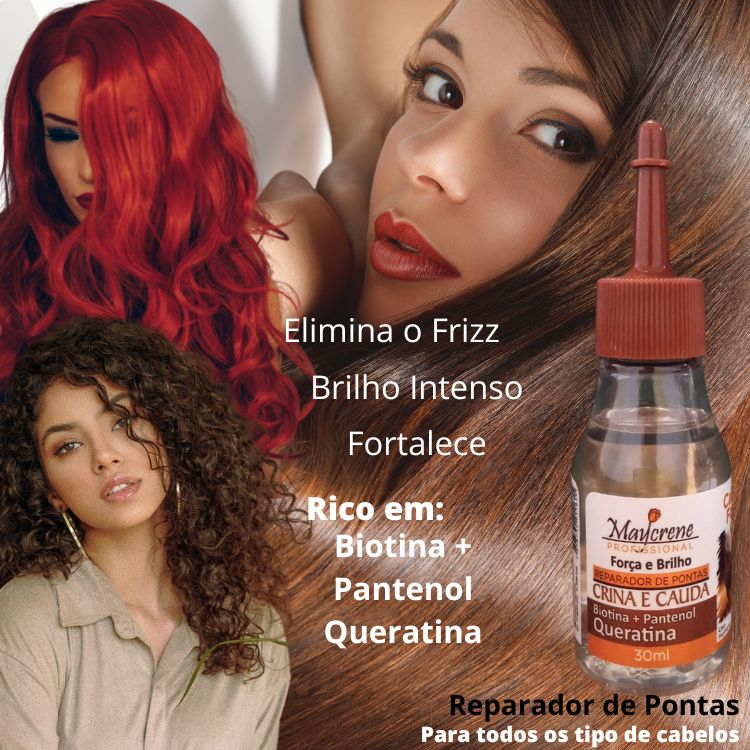 Reparador de Pontas Crina e cauda Maycrene 30ml, da Brilho intenso, Fortalece e Elimina o Frizz