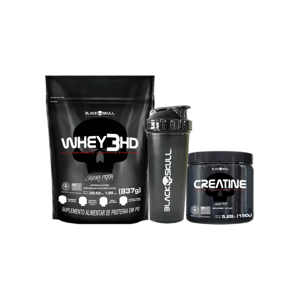 WHEY 3HD REFIL 837G + CREATINA PURA 150G + COQUETELEIRA 600ML – BLACK SKULL