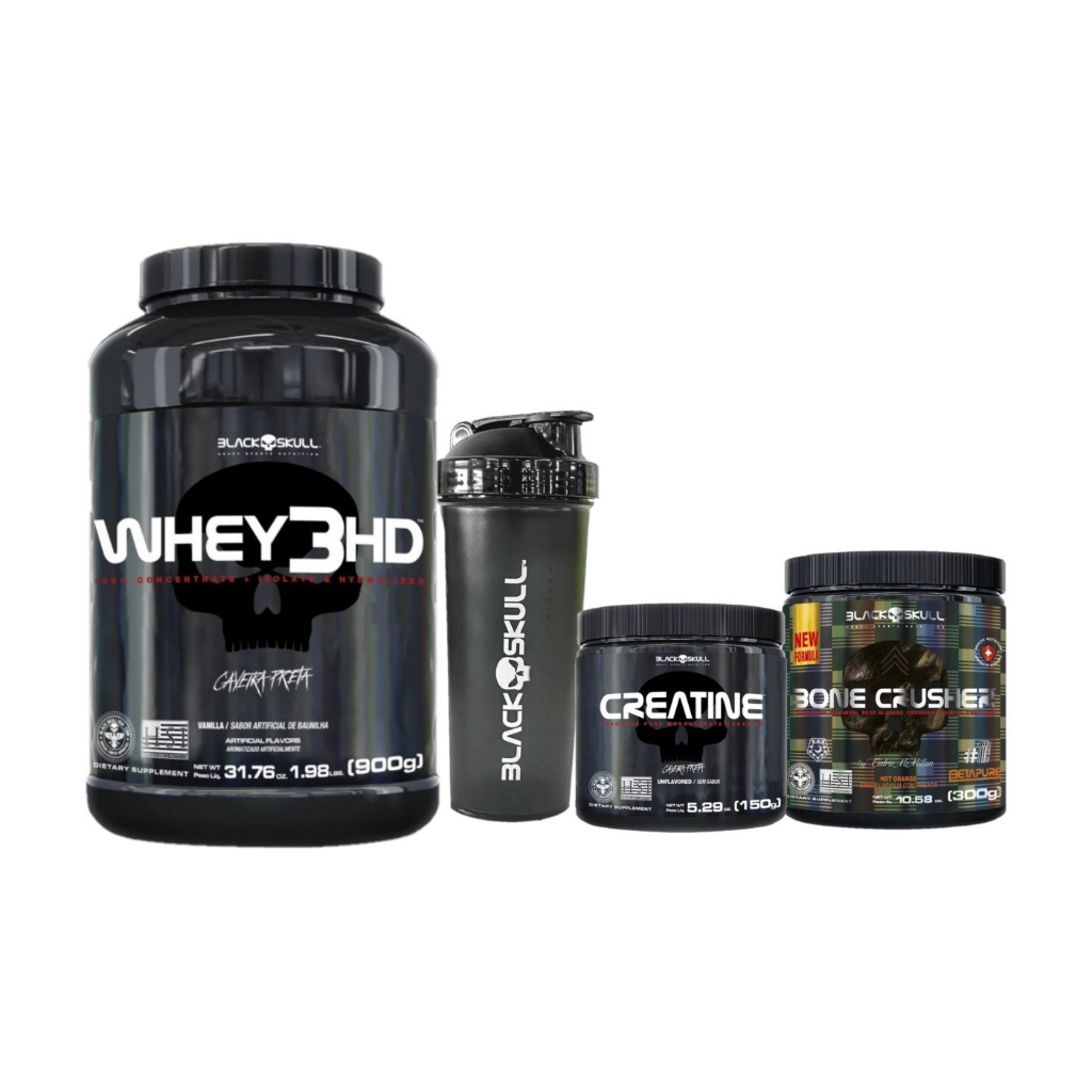 WHEY 3HD POTE + CREATINA PURA 150G + BONE CRUSHER 300G + COQUETELEIRA BLACK SKULL