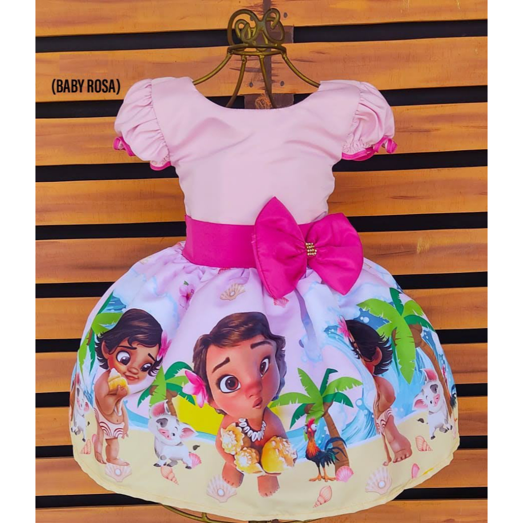 Vestido Infantil Moana Baby Rosa Temático Aniversário Rodado