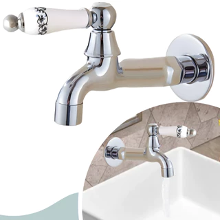 Torneira de Parede Vintage para Banheiro Lavabo Lavatorio em Metal na Cor Cromada Brilhante com Arejador e Alavanca em Cerâmica