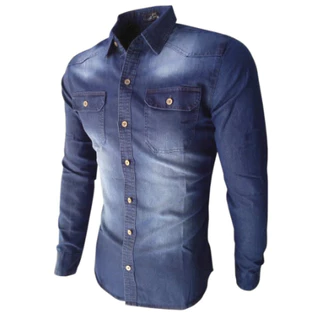 Camisa jeans social manga longa lisa 100% algodão
