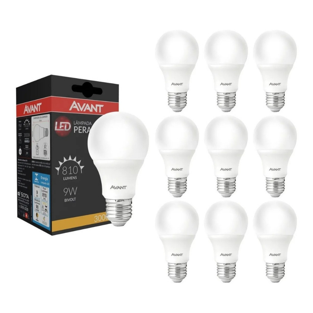 Kit com 10 l mpadas bulbo led e27 9w 3000k luz amarela avant faz a boa 