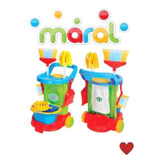 Kit Carrinho de Limpeza Infantil Colorido c/ Espanador Vassoura Esfregão Saco de Lixo Pazinha e Balde p/ Crianças Menina e Menino
