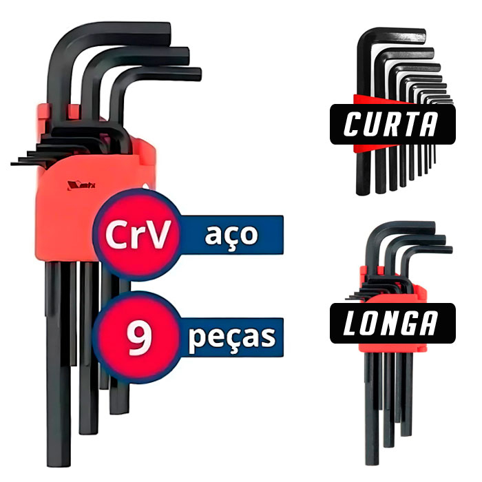 Jogo Chave Allen Curta e Longa CrV 9 Peças Aço Cromo Vanádio Oxidado