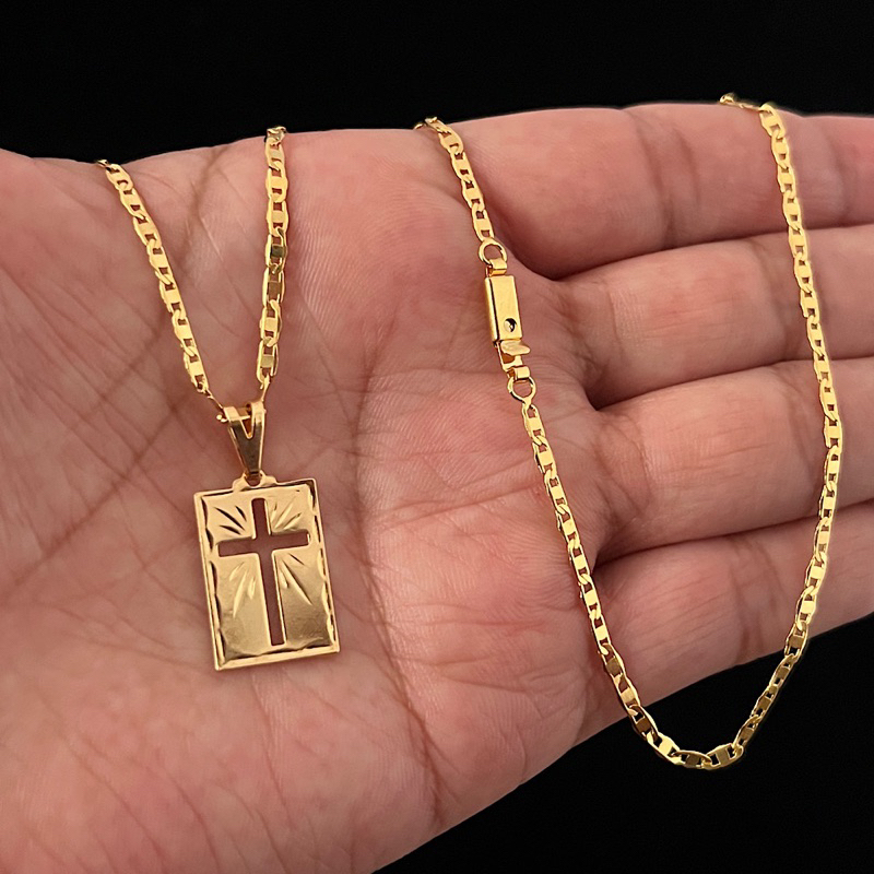 Corrente Correntinha Piastrini Dourada Fina + Pingente Cruz Banhada A Ouro 18k