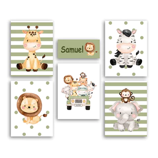 Quadros decorativos safari 6 peças com o nome do seu filho(a) para seu enxoval
