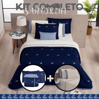 Kit Completo 09 Peças Queen Cobre Leito + Jogo Lençol Roupa de Cama 200 Fios Santorini