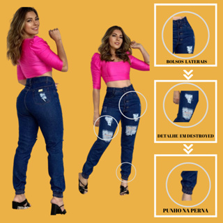 Calça jogger com cintura elástica * bolsos oblíquos rasgados, pernas retas  desgastadas, calças jeans, jeans femininos e roupas