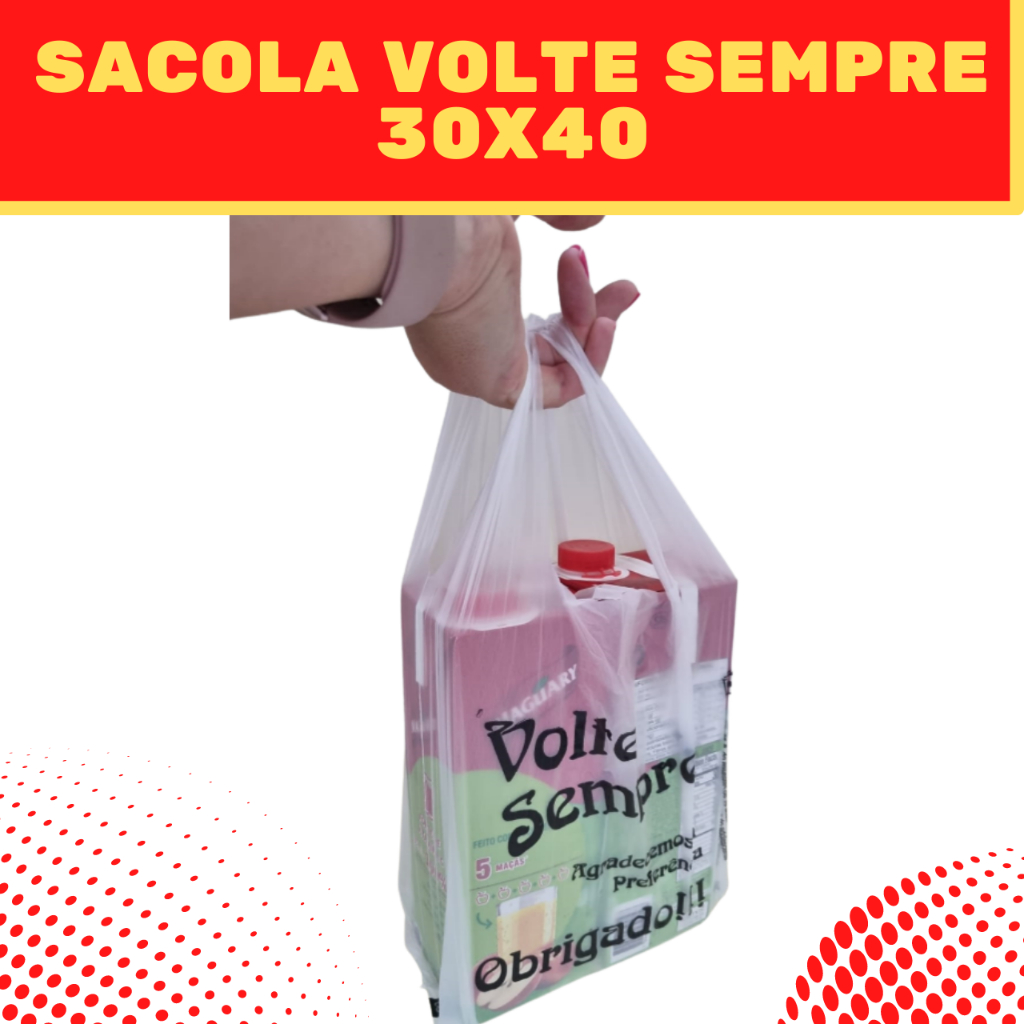 Sacola Plástica Branca Reforçada (30x40) com Logo Volte Sempre (Pacote C/100 unidades) ideal para farmácias, pastelarias, docerias e outros