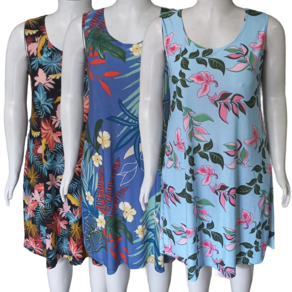 Kit 3 vestido liganete estampada camisetão sem manga