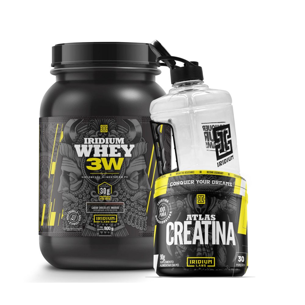 Kit Whey Protein 3W + Creatina 90g + Galão 1,5L – Iridium Labs