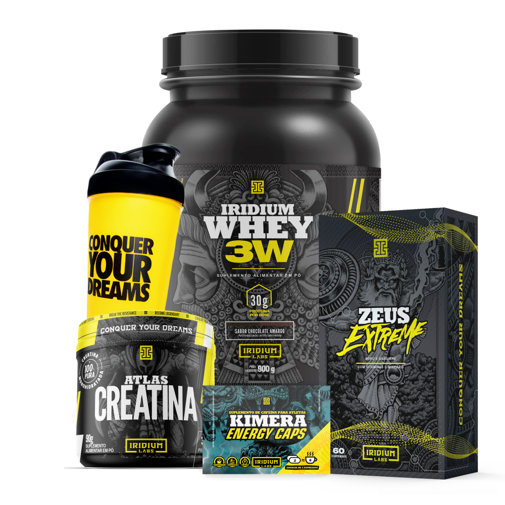 Kit Whey Protein 3W e Zeus e Kimera e Creatina e Coqueteleira Copo Único