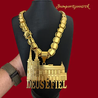 Corrente dubai 20mm 70cm cordão +Pingente igreja Deus é fiel banhado a ouro 18k liga de moeda
