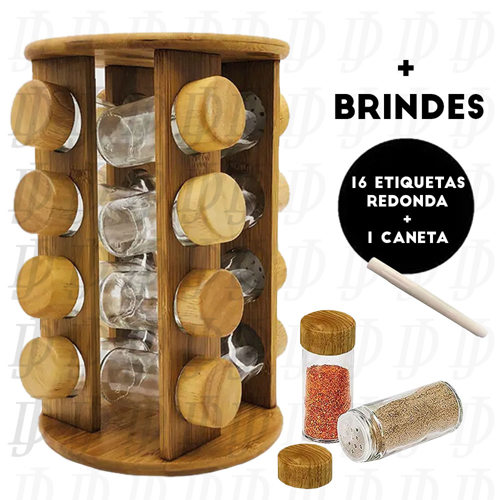 Porta Tempero Bambu 16 Potes Redondo Giratório + Etiquetas e Caneta