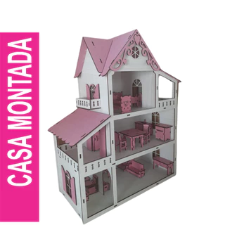 Casa Casinha de Boneca TUDO MONTADA 45 cm Pintada de Branco com 18 Mini Móveis Rosas Tudo Montado.