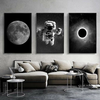 Quadros Decorativo Mosaico 90X50 3 peças Mdf Alta Resolução Full HD Minimalista Geometricos Contemporâneo Astronauta Eclipse Buraco Negro Lua Cheia Dark Positivade para Sala
