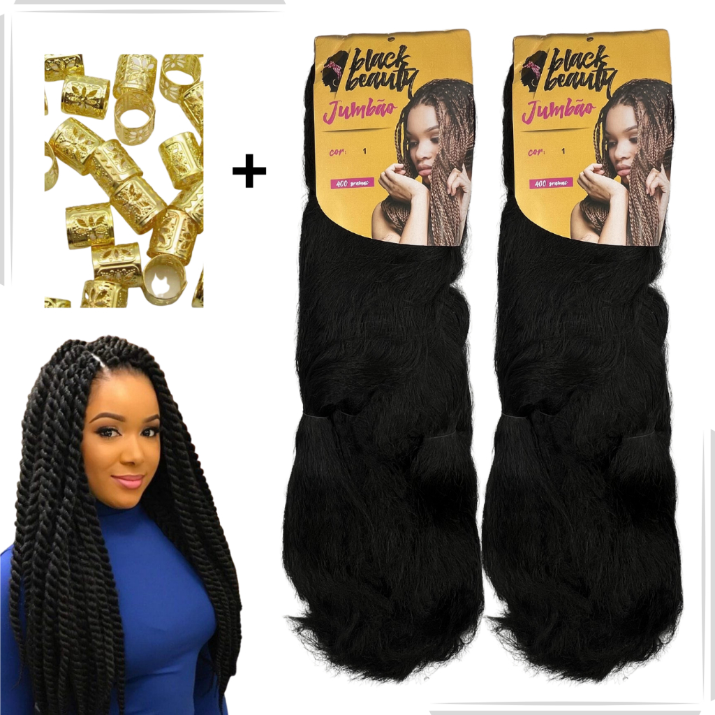 Kit 2 jumbo jumbão Box Braids Black Beauty 400 gramas + Anéis