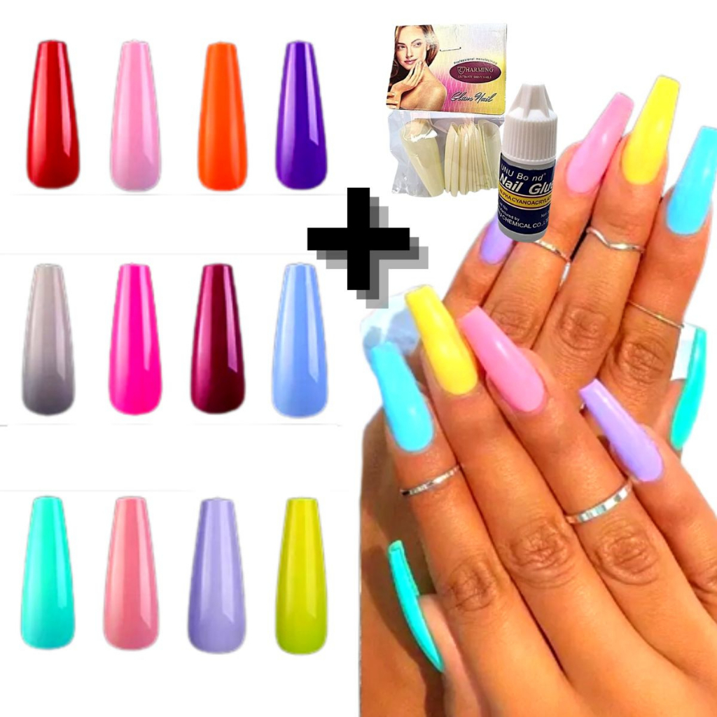Kit 20 Unhas Longas Postiças Pintadas Coloridas Profissional Decoradas ...