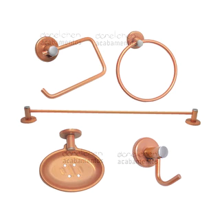 Kit de Acessórios para Banheiro na Cor Cobre 5 Peças em Metal Saboneteira Papeleira em INOX
