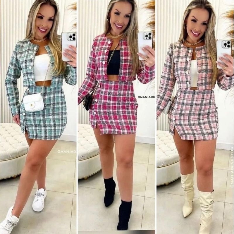 Conjunto Paty Patricia 2 peças Saia e Blazer Tecido TWEED Tendência ...