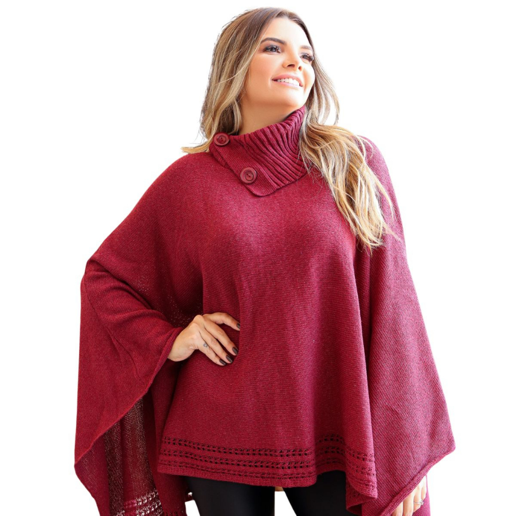 Poncho Feminino Tricot Mousse Liso Gola Alta Casaco Lã Inverno