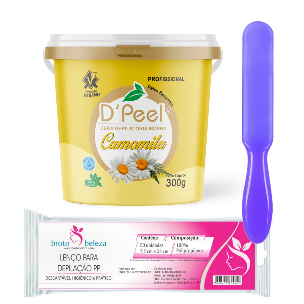 Kit Depilar em Casa Cera Depilatória Dpeel de Camomila 300g + 1 Espátula Plastica Santa Clara (Cores Aleatórias) + Lenço Depilatório TNT com Furinhos