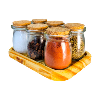 Porta Tempero Condimentos em Madeira ÁGORA Leiteira - Pote De Vidro 6 Frascos - Temperos Condimentos e Especiarias Organizador de Temperos - Kit de Potes Para Cozinha - Jogo de Cozinha - Peças Inox- item em Bambu - Madeira Maciça
