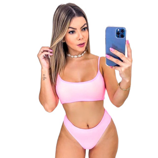Biquíni Canelado Semi-Plus Size Top Faixa Cropped Calcinha Asa Delta Neon Dupla Face Fio Dental