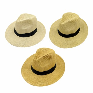 Chapéu Estilo Panamá Palha Shantung Faixa Preta Chapelaria Vintage