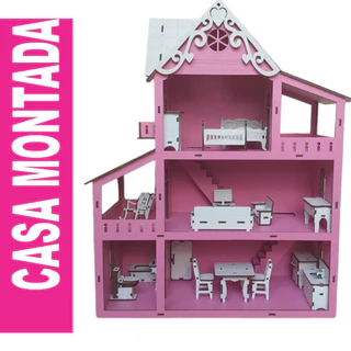Casa MONTADA Casinha de Boneca 45 cm Pintada de Rosa com 18 Mini Móveis Branco TUDO MONTADO
