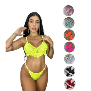 Lingerie de Tule Transparente Conjunto com Alças de regulagem e Detalhes de renda Feminina Sexy