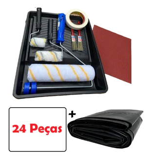 Kit Pintura Parede Bandeja Rolo Lã Fita Crepe E Pincel 24 Peças