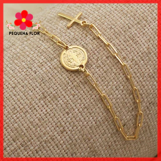 | SEMI JOIA | Pulseira Delicada de São Bento com Cruz, Banho a Ouro Legítimo 18k